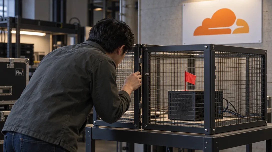 A person peers into a wire-mesh enclosure containing electronic equipment and a red flag, beneath an orange Cloudflare logo.