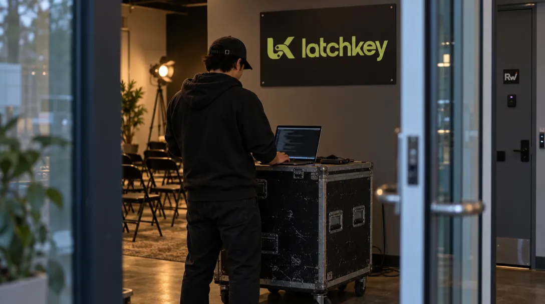An engineer runs a command at a portable workstation in a launch space with a Latchkey sign on the back wall.