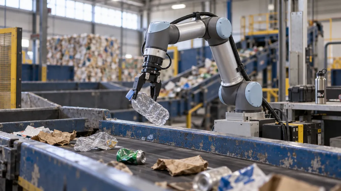 A generic robotic arm sorts recyclables on a conveyor, illustrating Amy Ma and Danu Robotics’ commercial test.