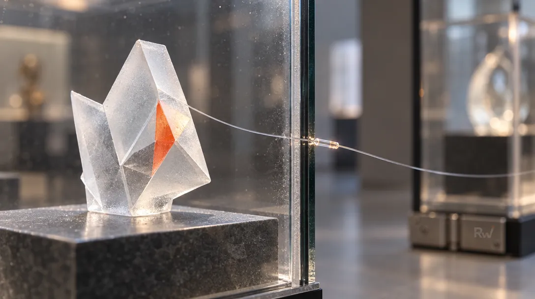 A frosted-glass artwork representing a Muse shared artifact sits in a display case as a fine filament passes through a seam and is rejoined.