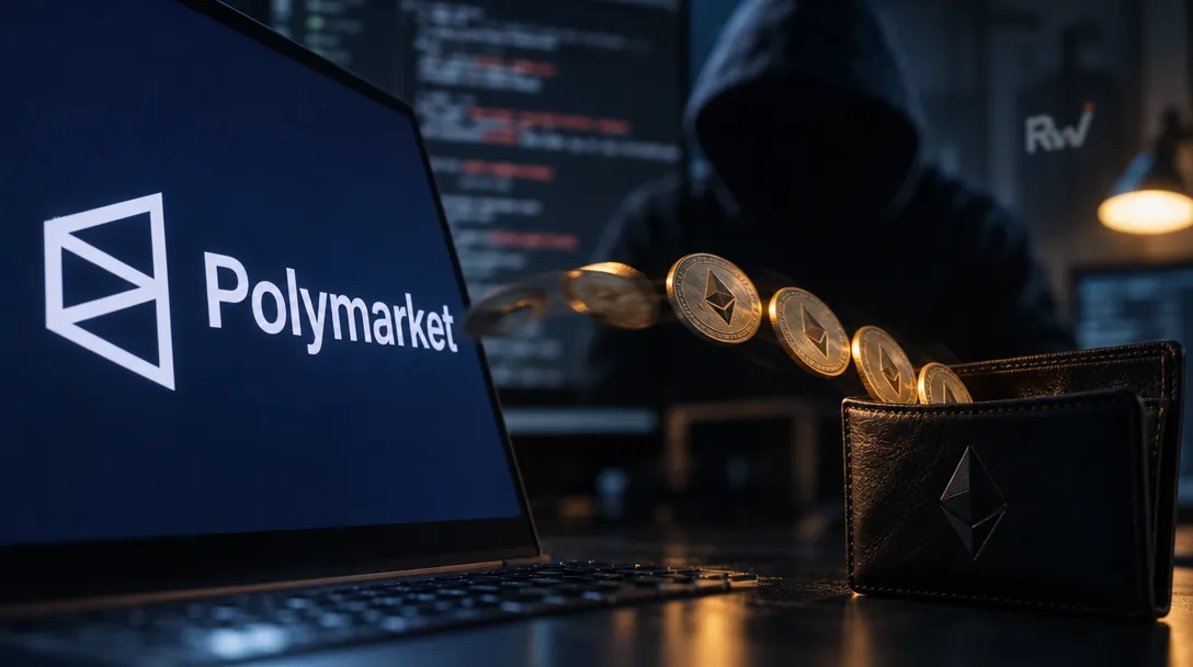 A laptop displays the Polymarket logo beside Ethereum-marked coins arcing into a leather wallet, with a hooded figure and code screens behind it.