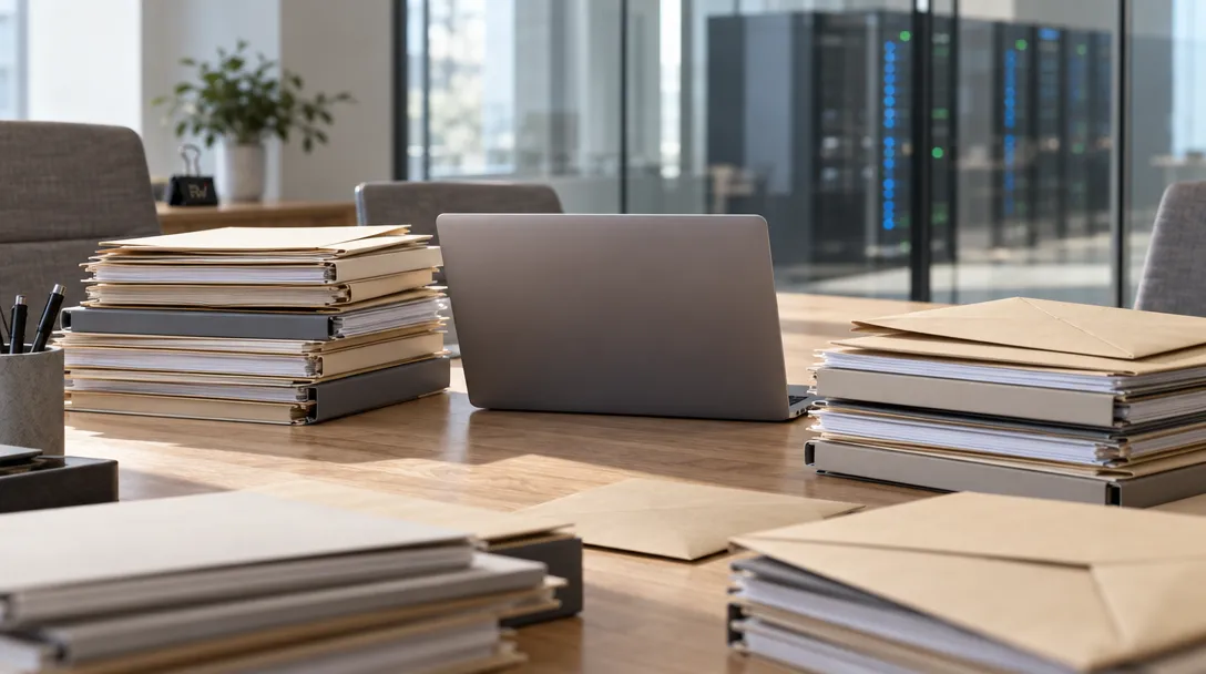 Plain investor folders crowd a closed laptop in front of server racks, depicting DeepSeek’s reported funding push.