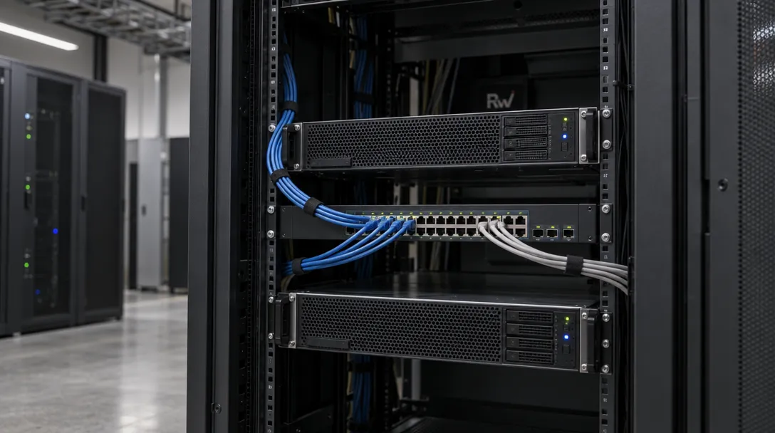 Two generic compute units connect through a network switch in a server rack, depicting Deno joining Cloudflare to bring Workers to self-hosted infrastructure.