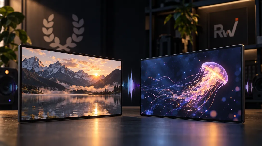 Two monitors show a mountain lake at sunset and a glowing jellyfish, with plants, speakers, and an “RW” logo behind them.