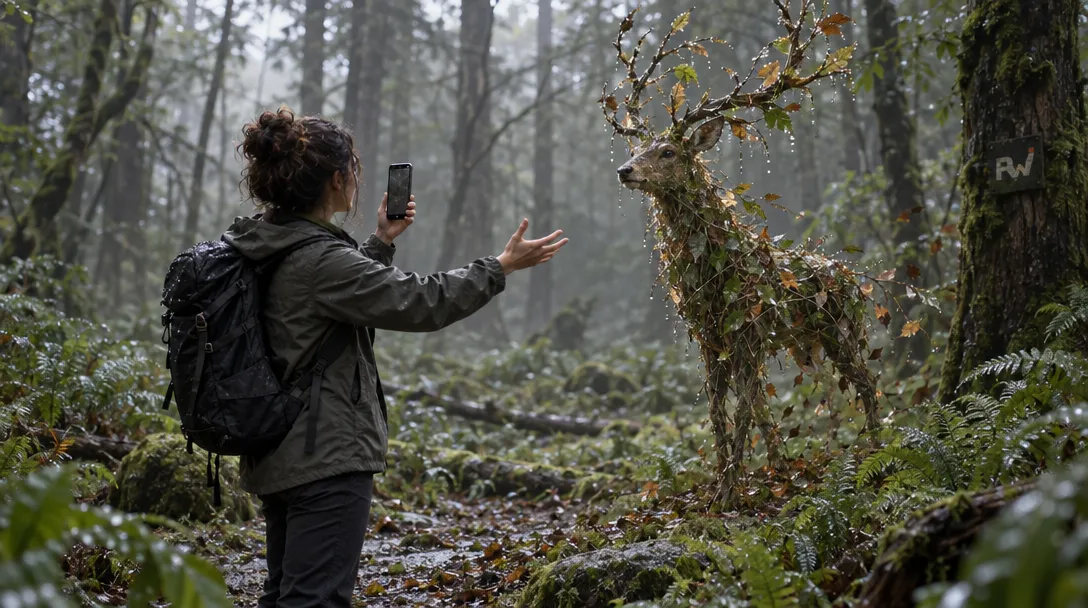 A person holds up a phone and reaches toward a leaf-covered deer in a misty forest, with “RW” on a tree.