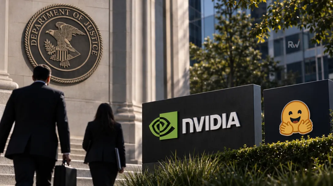 Two people walk past the Department of Justice seal and a sign reading NVIDIA, beside a smiling hugging-face icon.