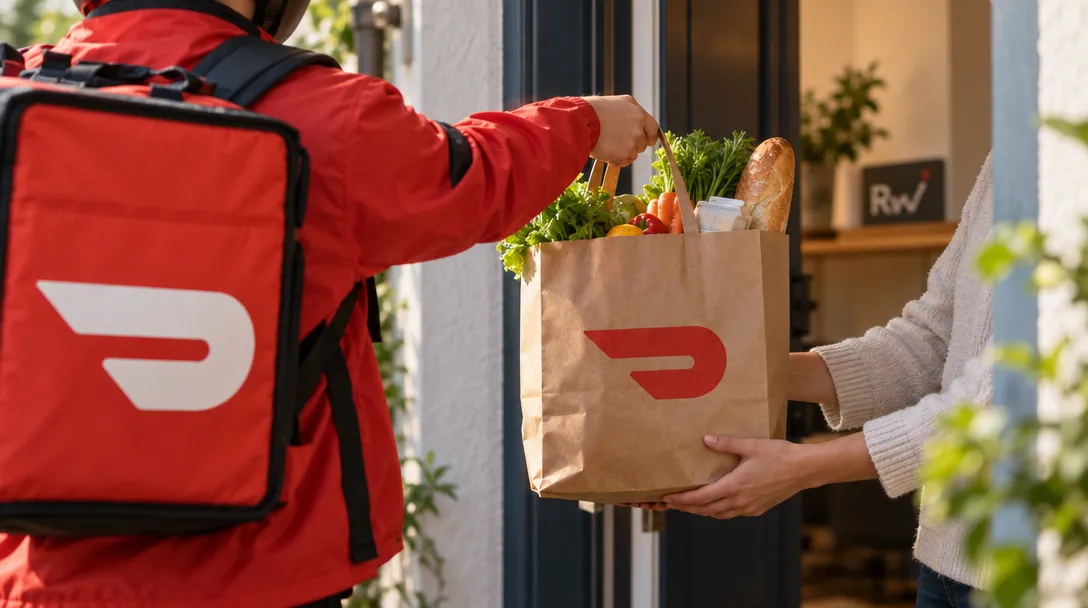 A red-jacketed courier hands a grocery-filled paper bag with a red DoorDash logo to someone at a doorway.