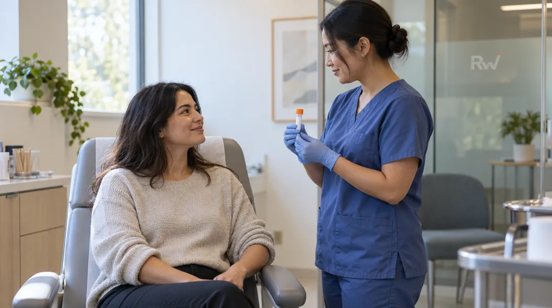 A clinic worker holds a small sample vial beside a seated patient in a bright cell-banking clinic.