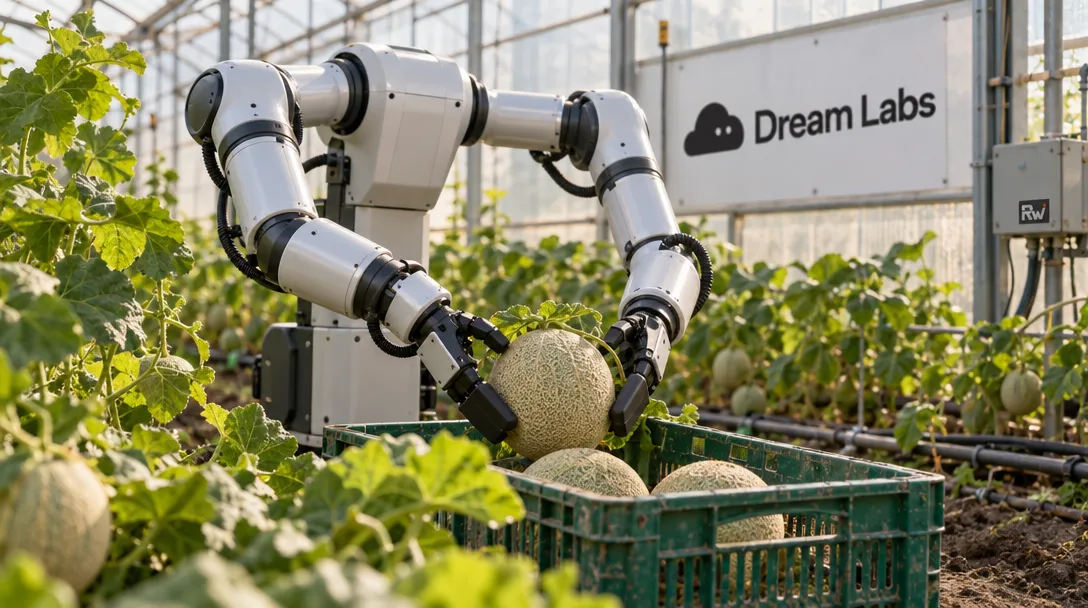 A two-armed robot places a melon into a harvest crate inside a greenhouse marked Dream Labs.