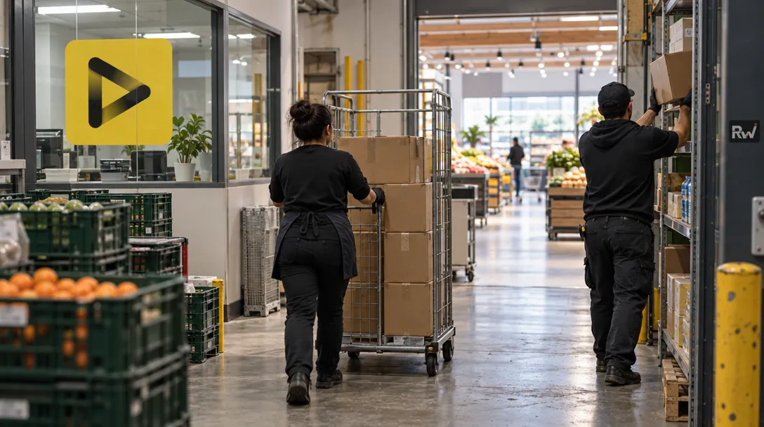 Two retail workers move cartons through a grocery stockroom beneath a Duvo sign.