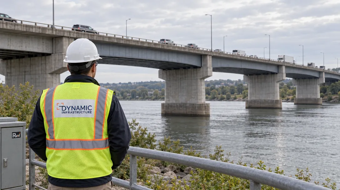 An engineer wearing a Dynamic Infrastructure vest surveys a highway bridge as cars cross above a river.
