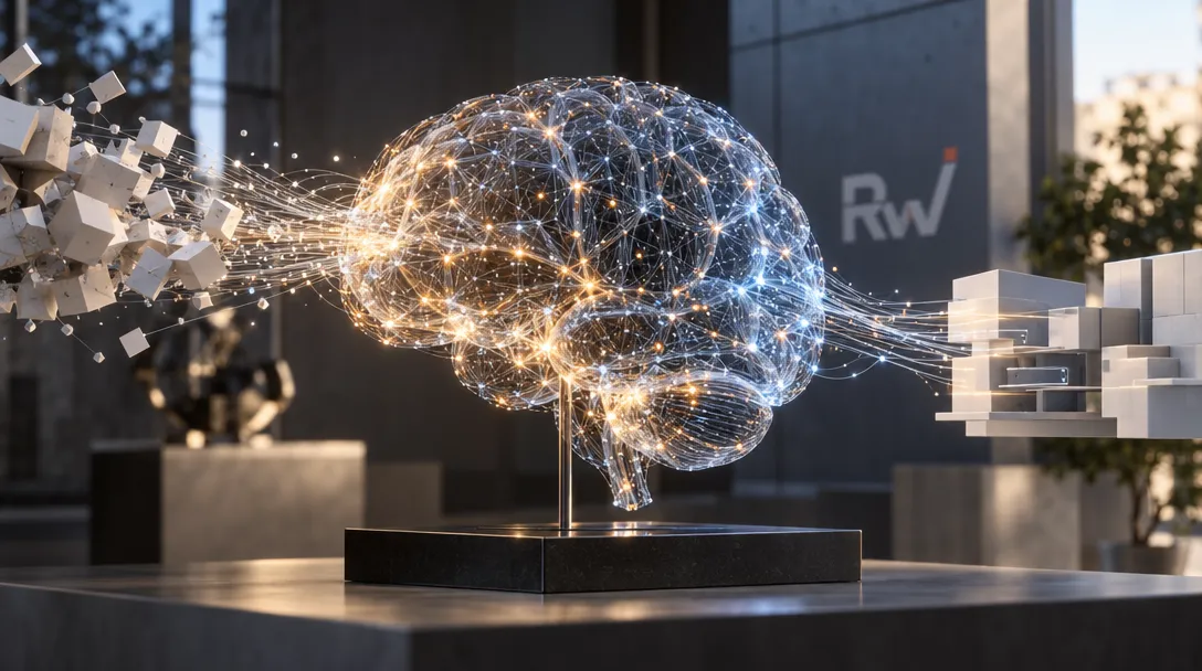 A glowing wireframe brain sculpture connects streams of light to white geometric blocks, with “Rw” visible on the wall behind it.