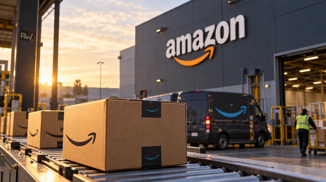Amazon-branded boxes sit on a conveyor outside an Amazon building, with a delivery van and a worker nearby.