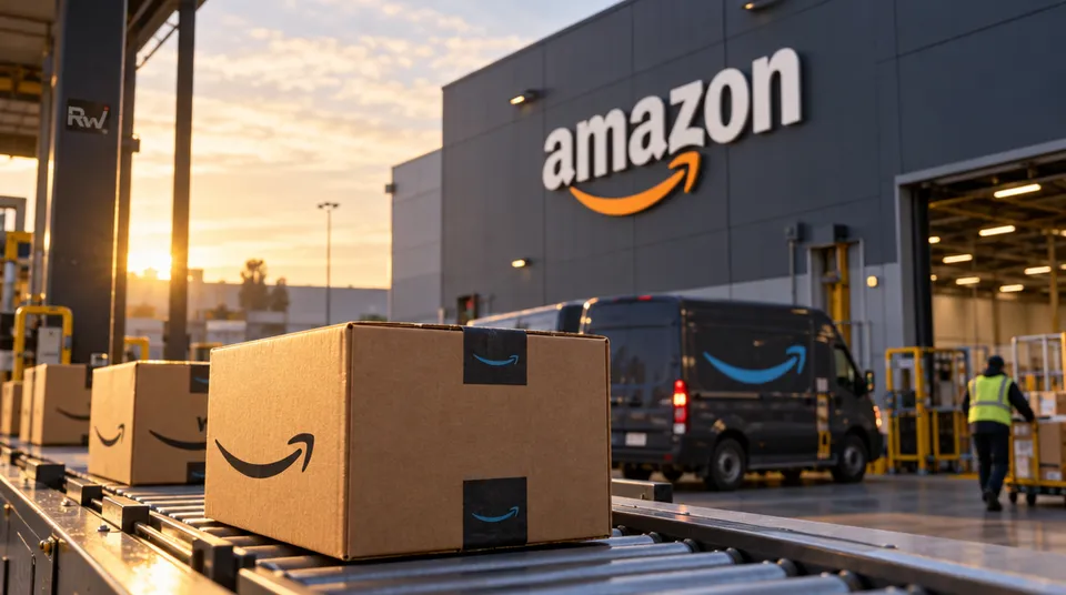Amazon-branded boxes sit on a conveyor outside an Amazon building, with a delivery van and a worker nearby.