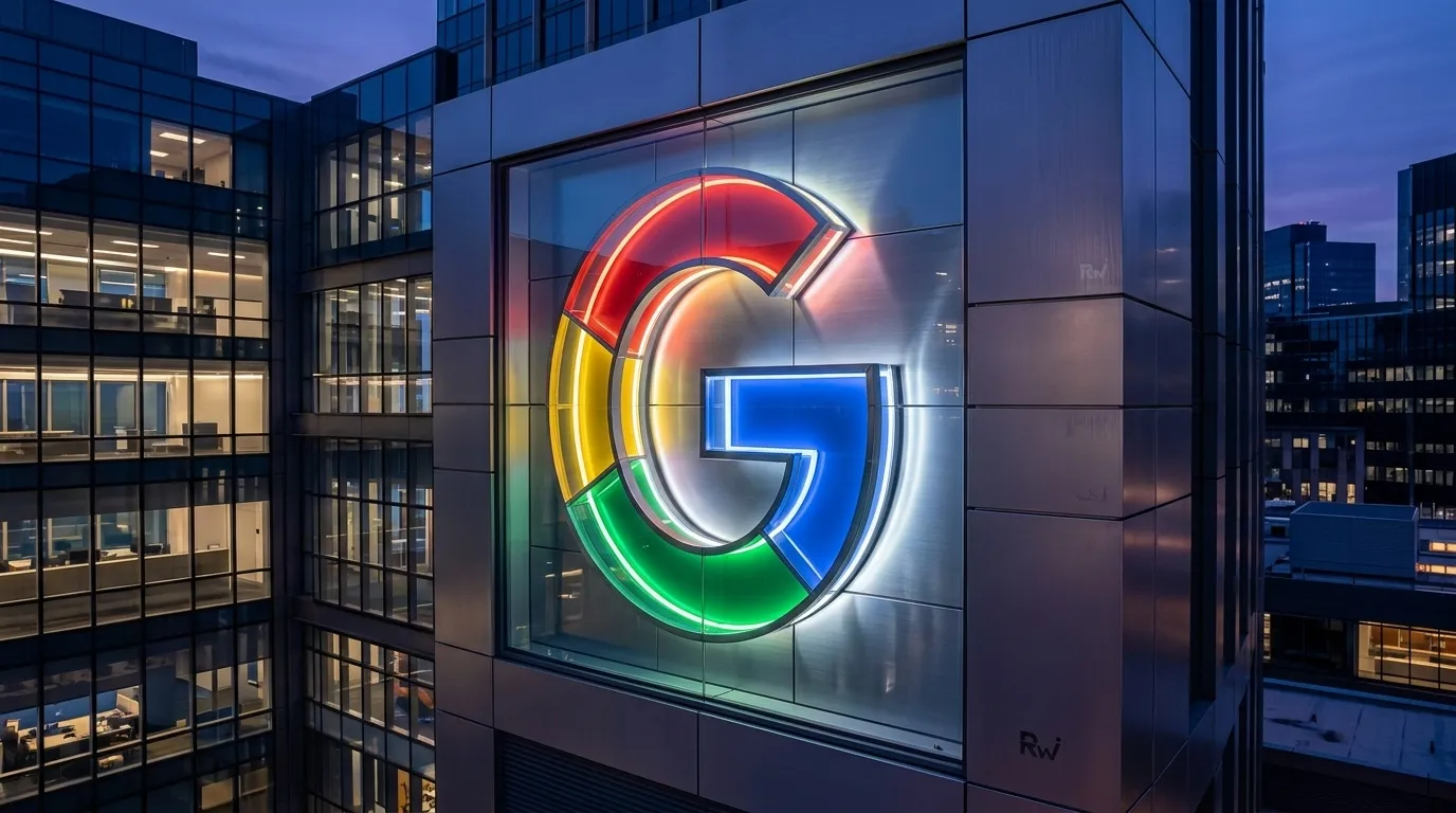 A large illuminated multicolored Google “G” logo is mounted on a glass office building at dusk.