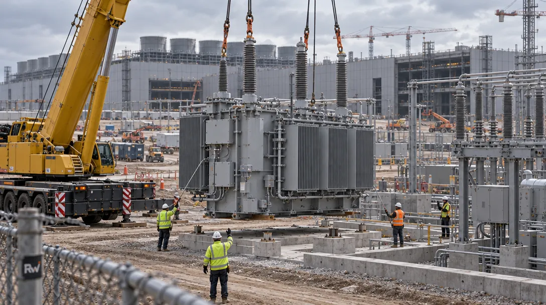 Workers position a large power transformer at an expanding data-center construction site.