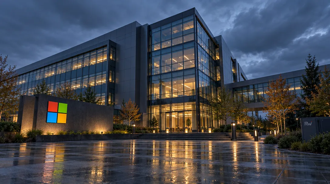 A glass office building glows behind a wet plaza, with the four-color Microsoft logo mounted on a stone wall.