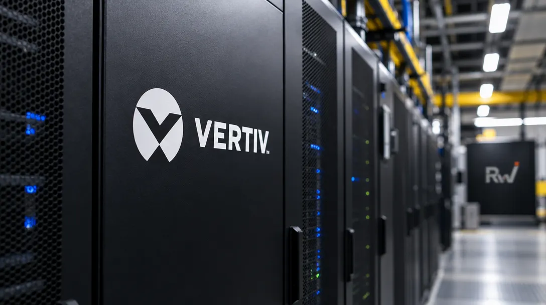 Black server cabinets with blue indicator lights line an aisle; the nearest cabinet bears the white VERTIV logo.