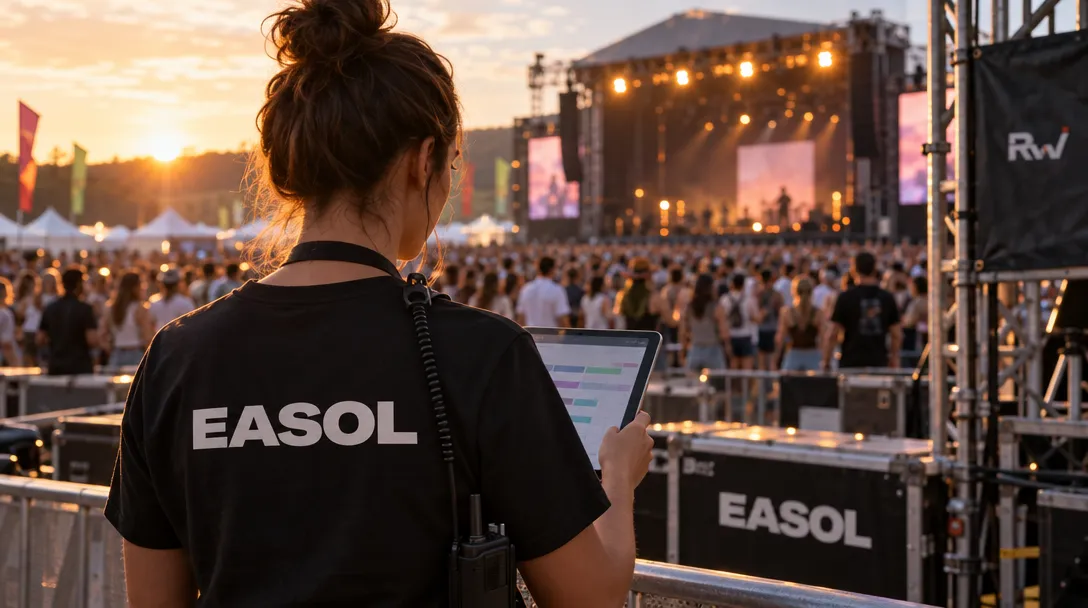 A person wearing a black EASOL shirt holds a tablet near a crowd facing a lit stage; an RW logo is visible on a barrier.