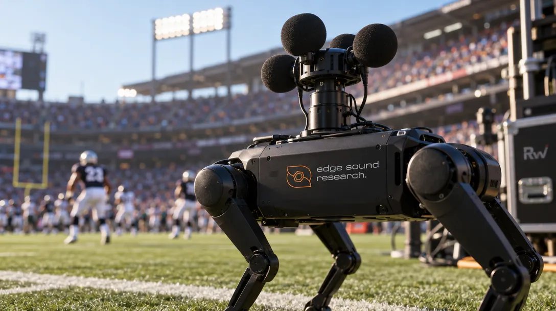 A black four-legged recording robot labeled “edge sound research” stands on a football field, with players and stadium seating behind it.