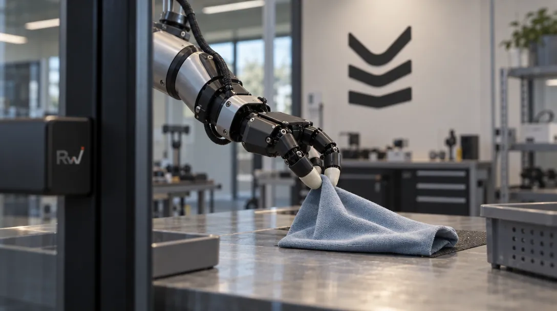 An articulated research robot hand gently folds fabric beside an Eka Robotics sign.