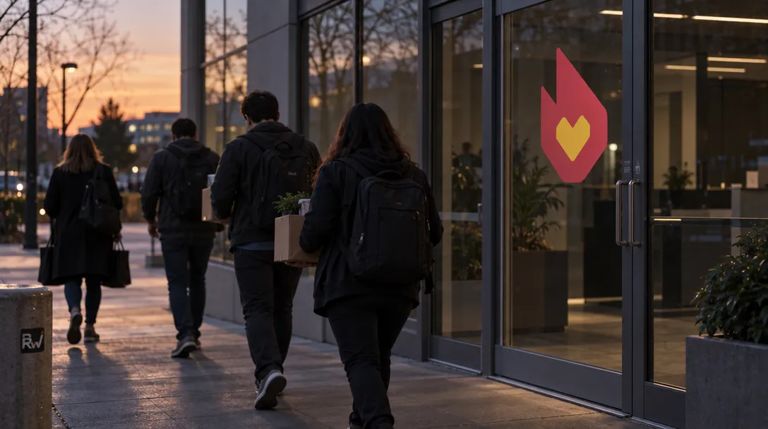 Several game-studio workers carry personal belongings past an Electronic Arts-marked entrance to a darkened studio.