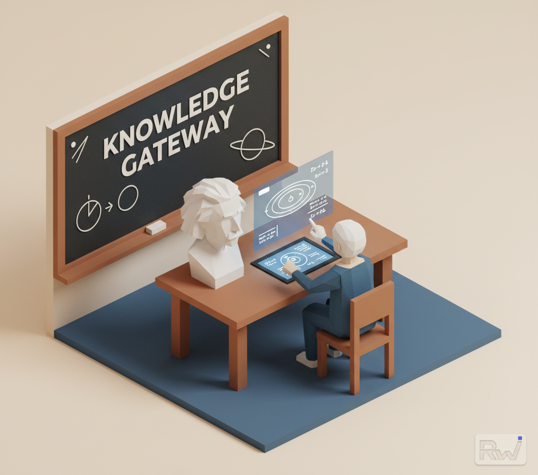 The intersection of historical genius (Albert Einstein) and artificial intelligence for educational purposes (Isometric 3D render with paper-cut materials — chunky low-poly shapes, matte paper textures)