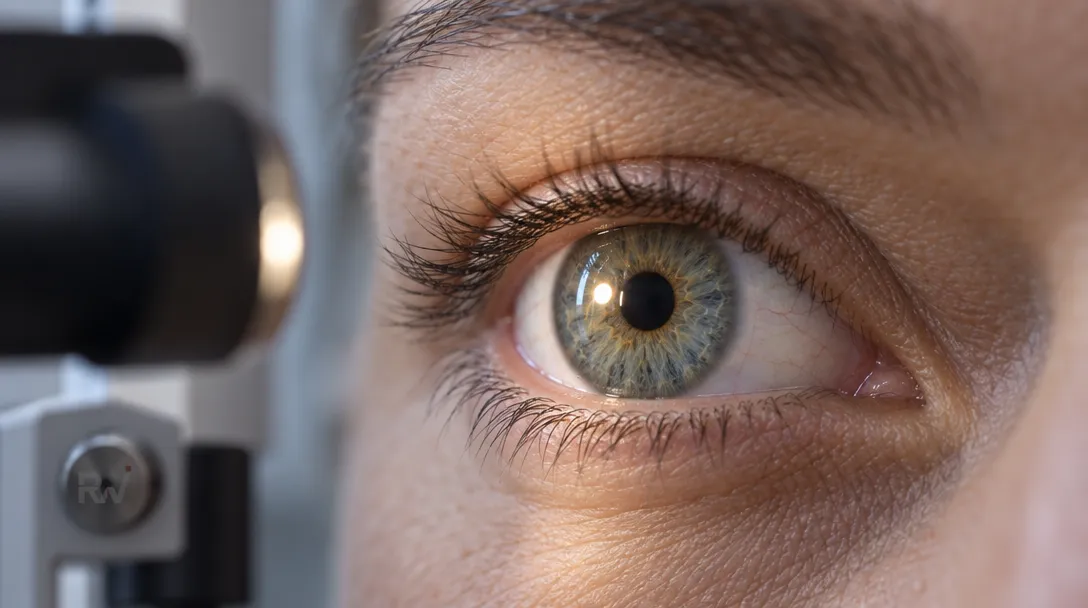 An open blue-gray eye is beside a black optical instrument marked “RW.”