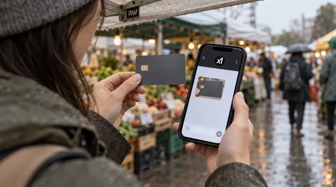 A shopper photographs a credit card with a phone displaying the xAI logo at a rain-damp outdoor market.