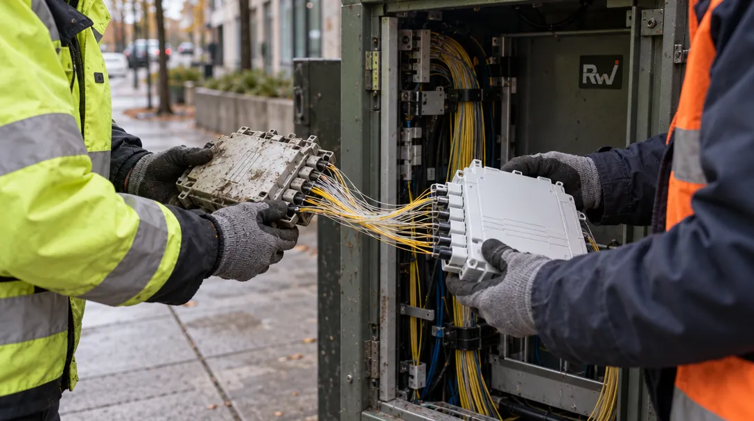 Two technicians replace a fiber connection at a street-side cabinet, illustrating eMudhra’s TLS exit after private-key exposure.