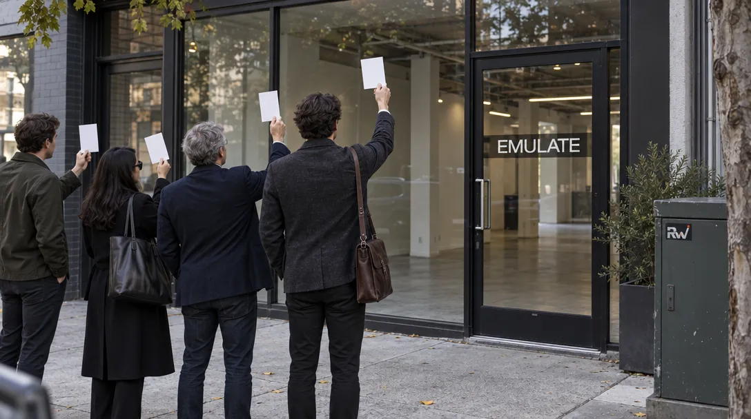 Investors hold blank bid cards outside an empty glass-fronted startup space bearing the Emulate logo.