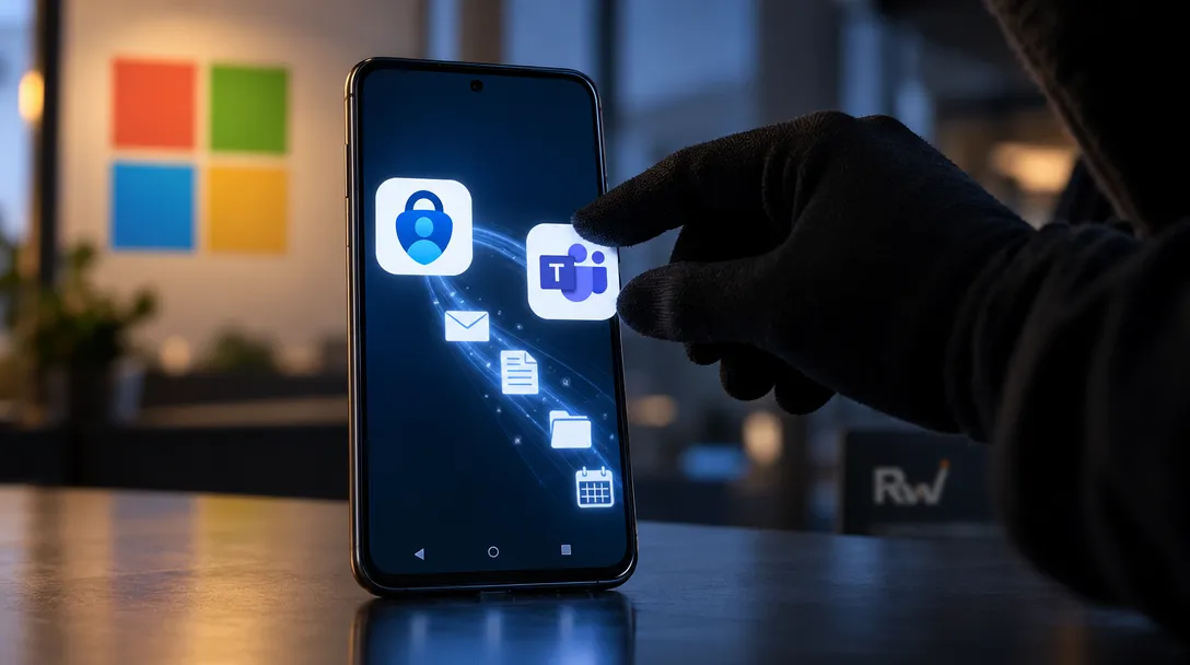A gloved hand reaches toward a phone showing security, mail, file, calendar and Microsoft Teams icons, with the Microsoft logo on the wall.