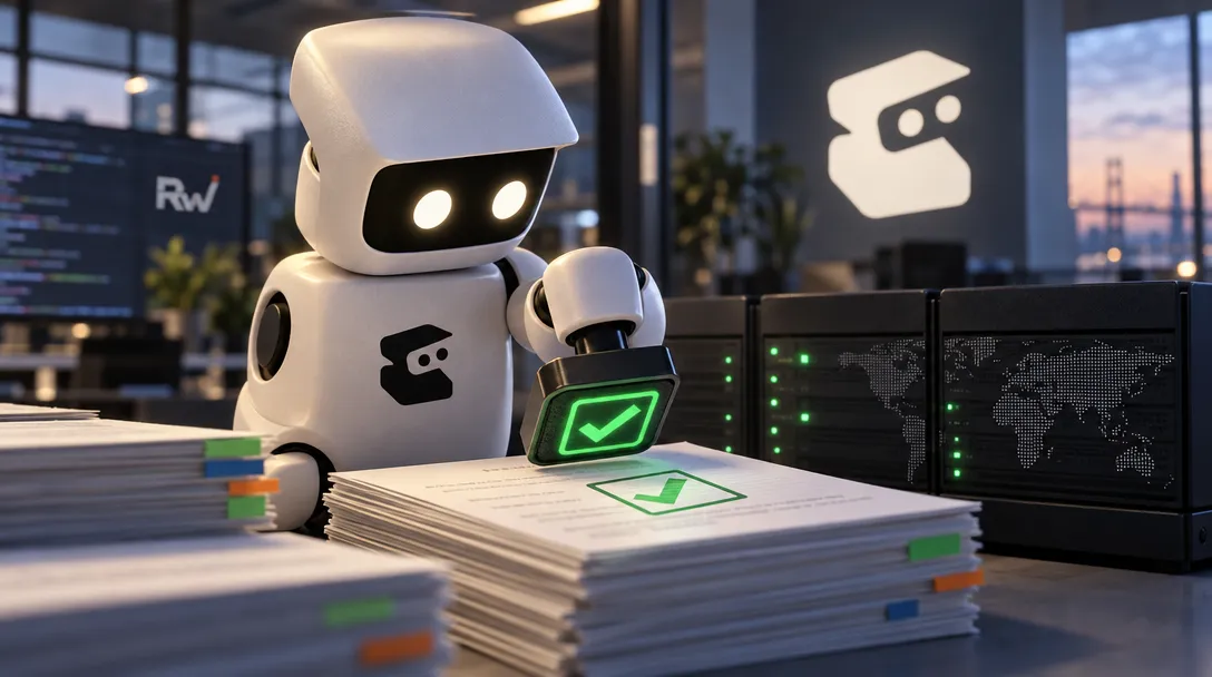 A white robot presses a glowing green check-mark device over stacked papers, with server racks and monitors behind it.