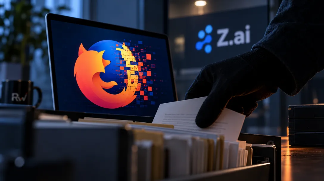 A gloved hand pulls a paper from a file organizer beside a laptop showing the Firefox logo, with “z.ai” signage and an “RW” mug behind it.