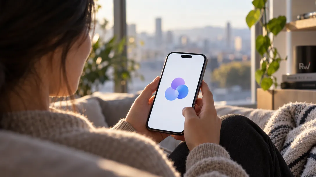 A person seated on a couch holds a smartphone displaying three overlapping blue and purple circles, with plants and a city view beyond the window.