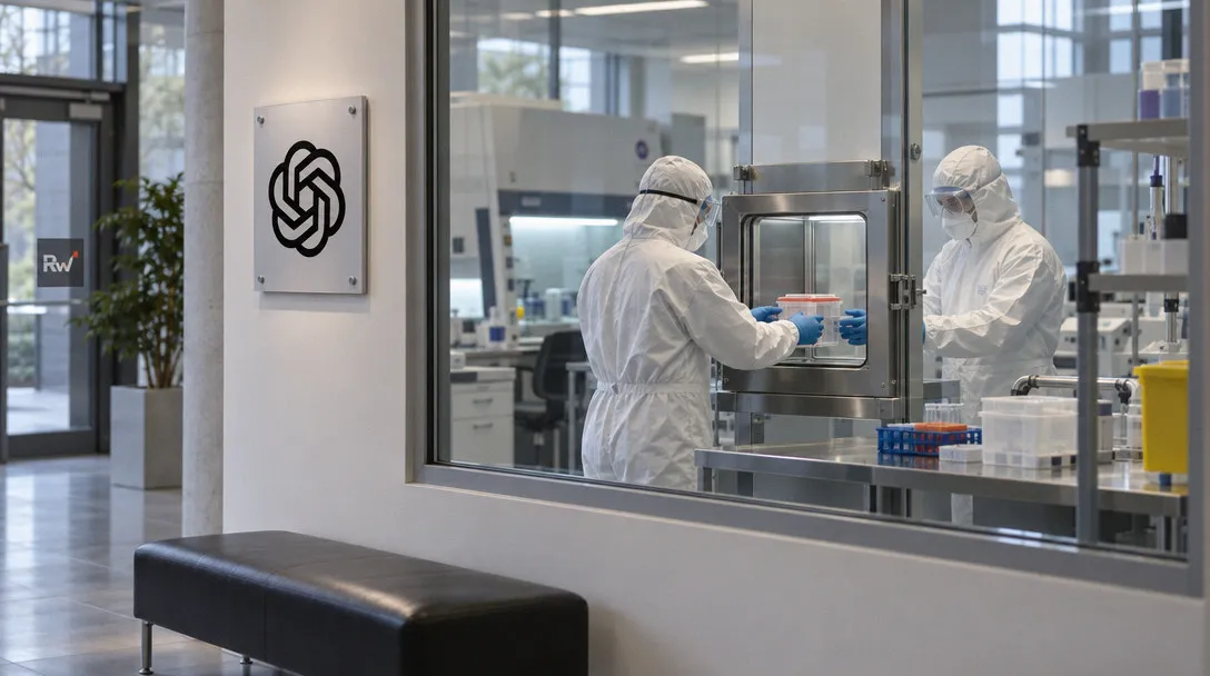 Two workers in white protective suits handle sample containers through a laboratory pass-through cabinet; an OpenAI logo plaque hangs on the wall.