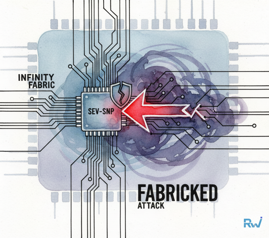 A conceptual, x-ray-like depiction of an AMD processor's internal 'Infinity Fabric' interconnects being maliciously misrouted, specifically targeting the SEV-SNP secure enclave. (Watercolor and ink. Sharp, precise ink lines define circuit t