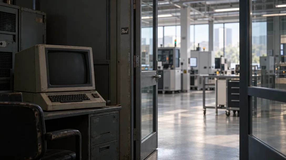 An aging enterprise computer terminal sits beside an open glass doorway onto a modern operations floor.