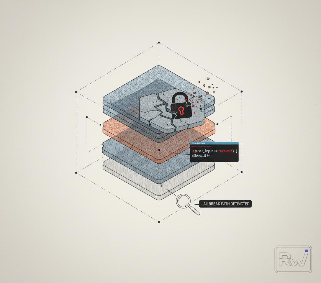 An exploded-view technical diagram of a stylized AI model's internal architecture, showing vulnerable layers and pathways (exploded-view technical diagram)