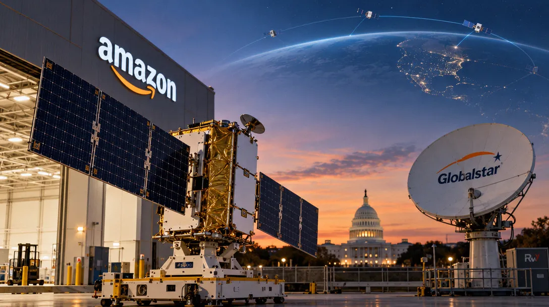 A solar-paneled satellite stands beside an Amazon building and a Globalstar dish, with a domed building and satellites above Earth in the background.