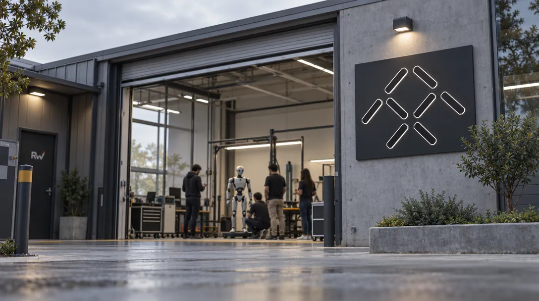 A generic humanoid robotics rig stands in a training bay beneath an FF EAI Robotics Ecosystem sign as developers gather nearby.