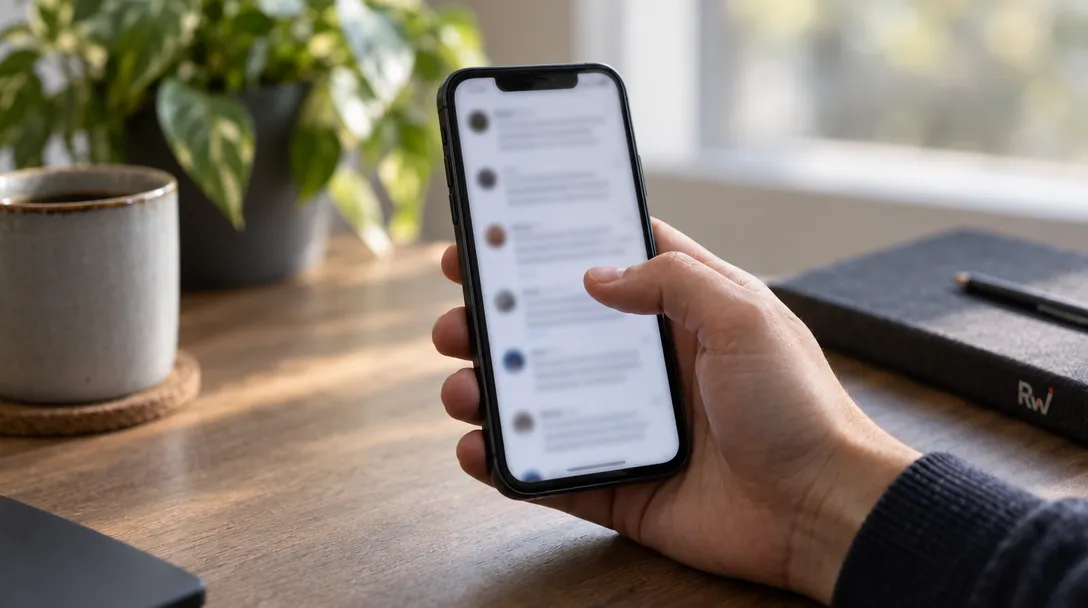 A hand pauses over a smartphone with an indistinct social-media thread, representing Fiachra (Fiki) Ma Jun’s 12-post thread.