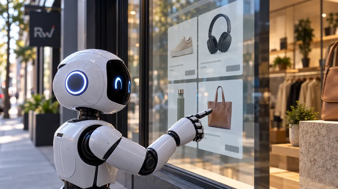 A white robot points at a shop window displaying shoes, headphones, a bottle, and a handbag.