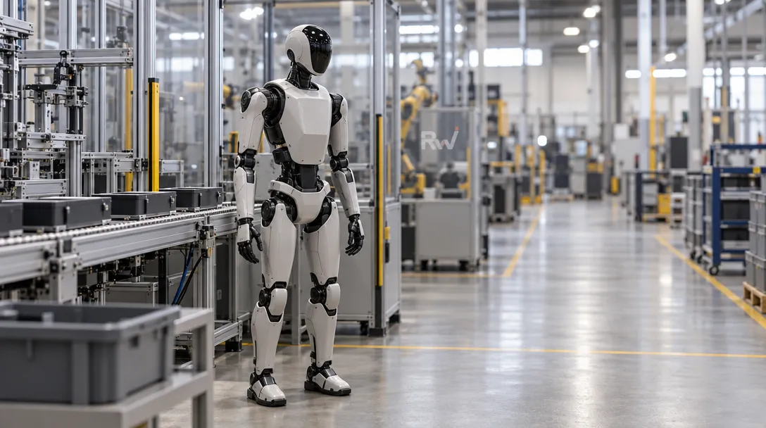 A generic humanoid robot stands beside a factory production line, illustrating Figure’s factory pilot and the challenge of scaling deployments.