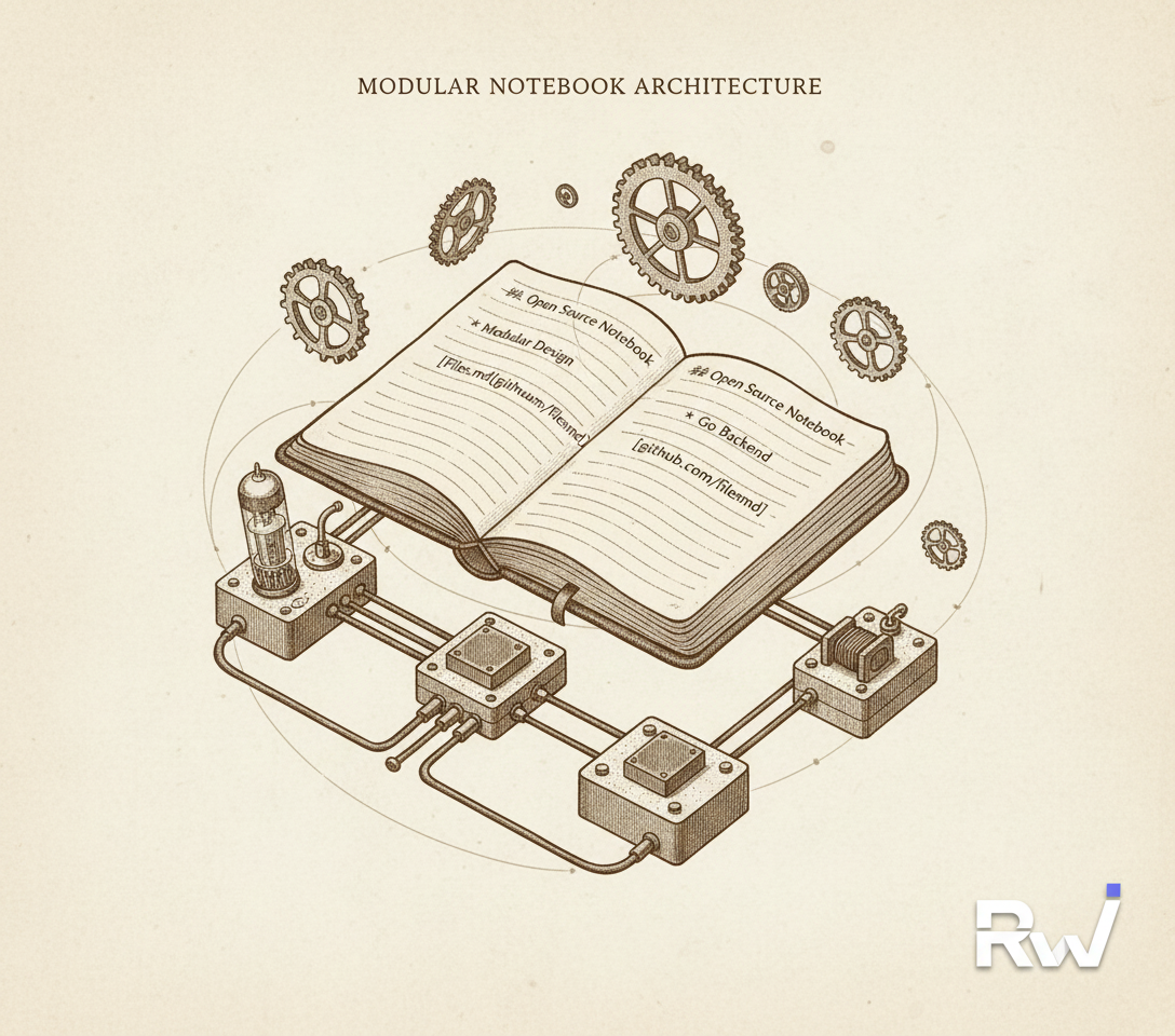 A deconstructed, conceptual 'Markdown notebook' showing its open-source, hackable architecture and backend components (Vintage scientific illustration, specifically an engraved plate style technical diagram with sepia ink on cream paper)