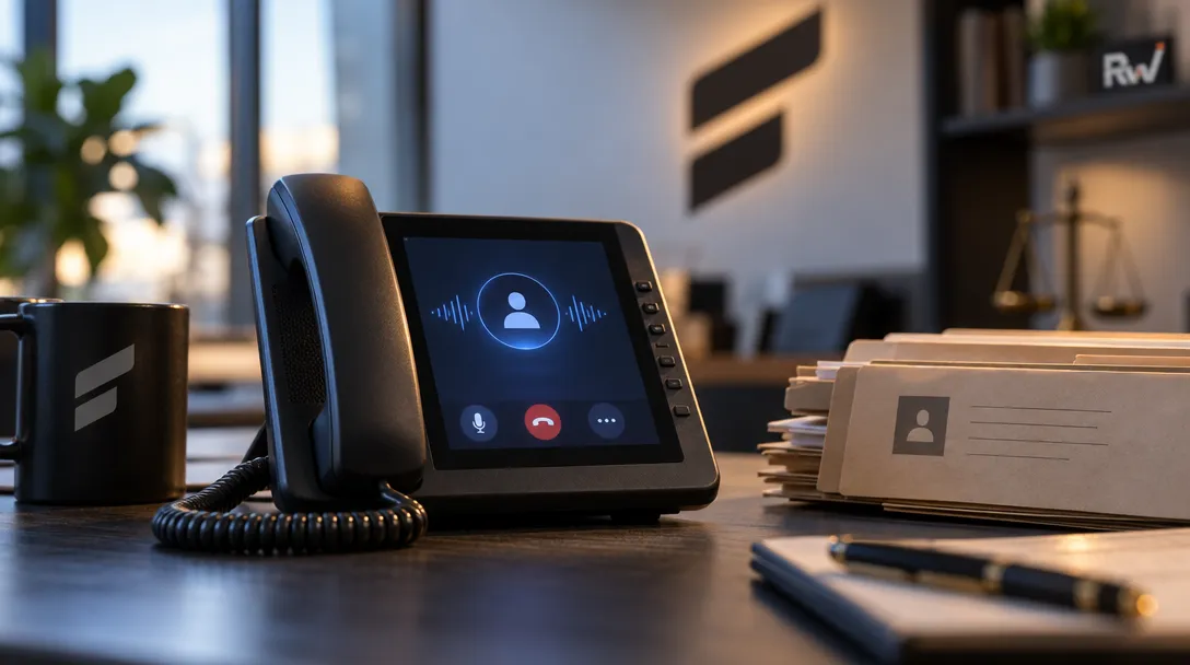 A desk phone displays a call interface beside a mug with a stylized mark and stacked folders, with a balance scale on a shelf behind.