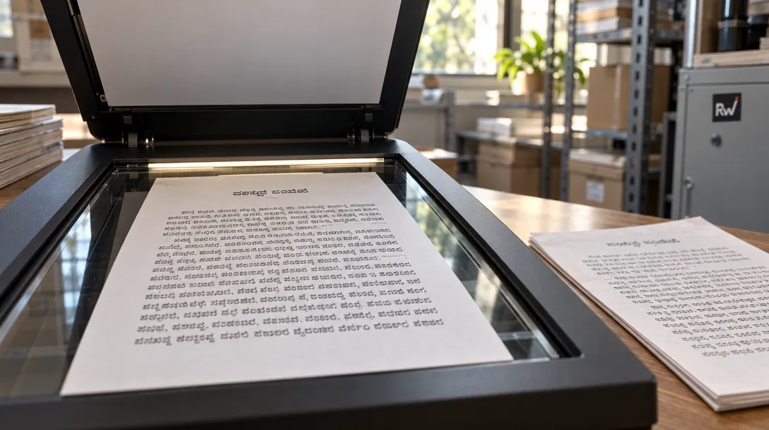 A document scanner processes Kannada-script pages at a digitization station, illustrating FineEnvs’ Kannada OCR testing.