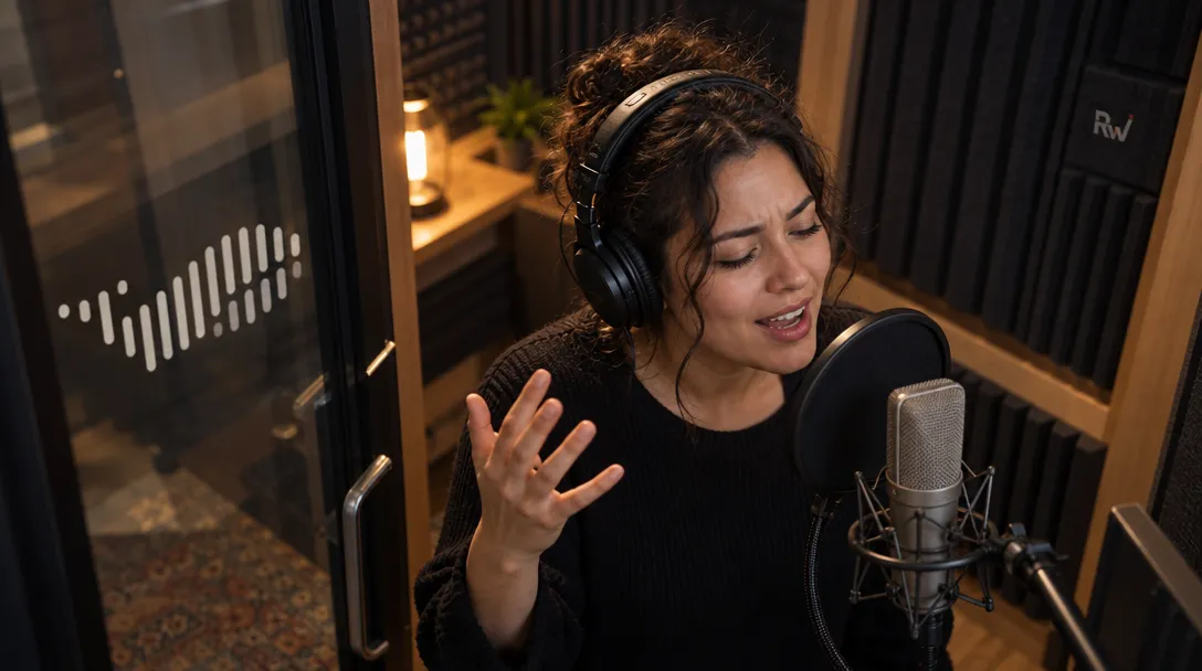 A voice performer delivers an expressive line beside a microphone in a Fish Audio booth, representing the launch of Drama 3.