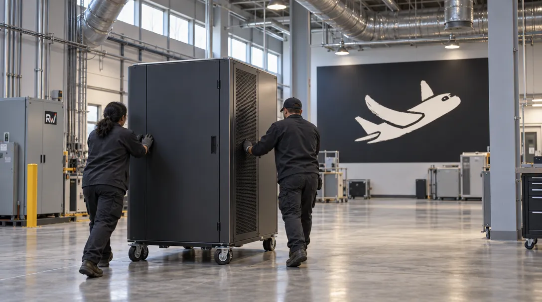 Technicians wheel a compact computing cabinet through an industrial research hall with a Flapping Airplanes sign on the wall.