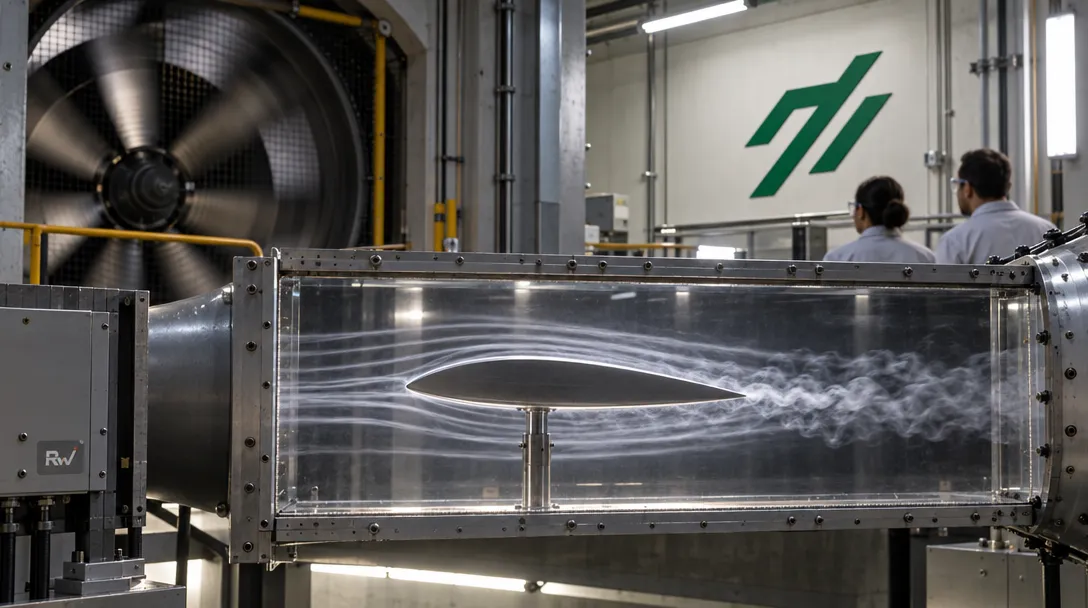 An airfoil sits in a working wind tunnel as researchers observe the airflow, with a Flexcompute sign on the wall.